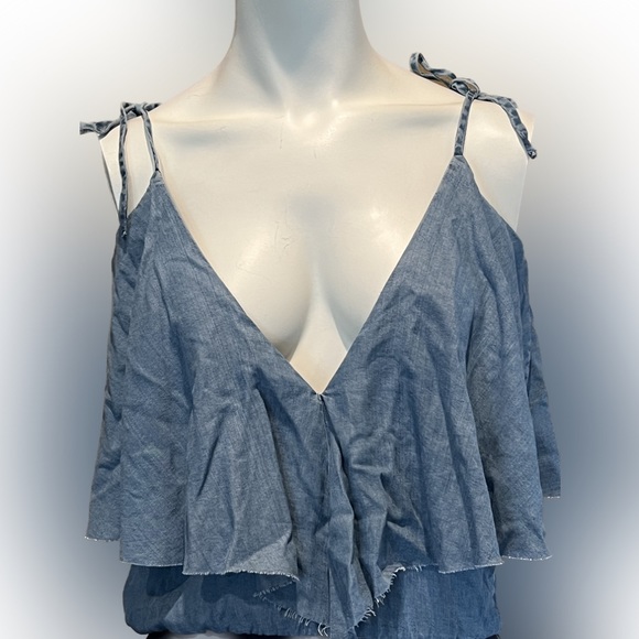 NWT ZARA Blue Denim Ruffled Chambray Camisole Spaghetti Strap Bodysuit Small - Picture 3 of 15